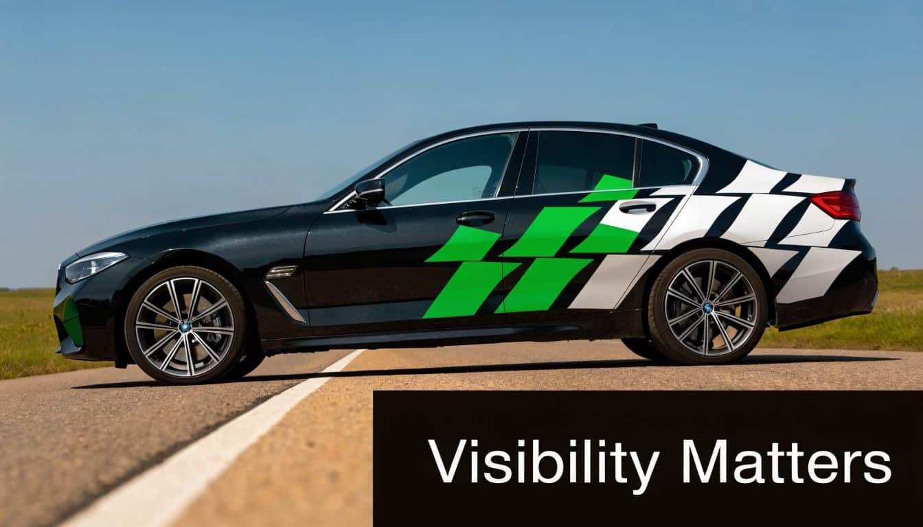 A black sedan driving on a rural road featuring green and white geometric decals on its side.