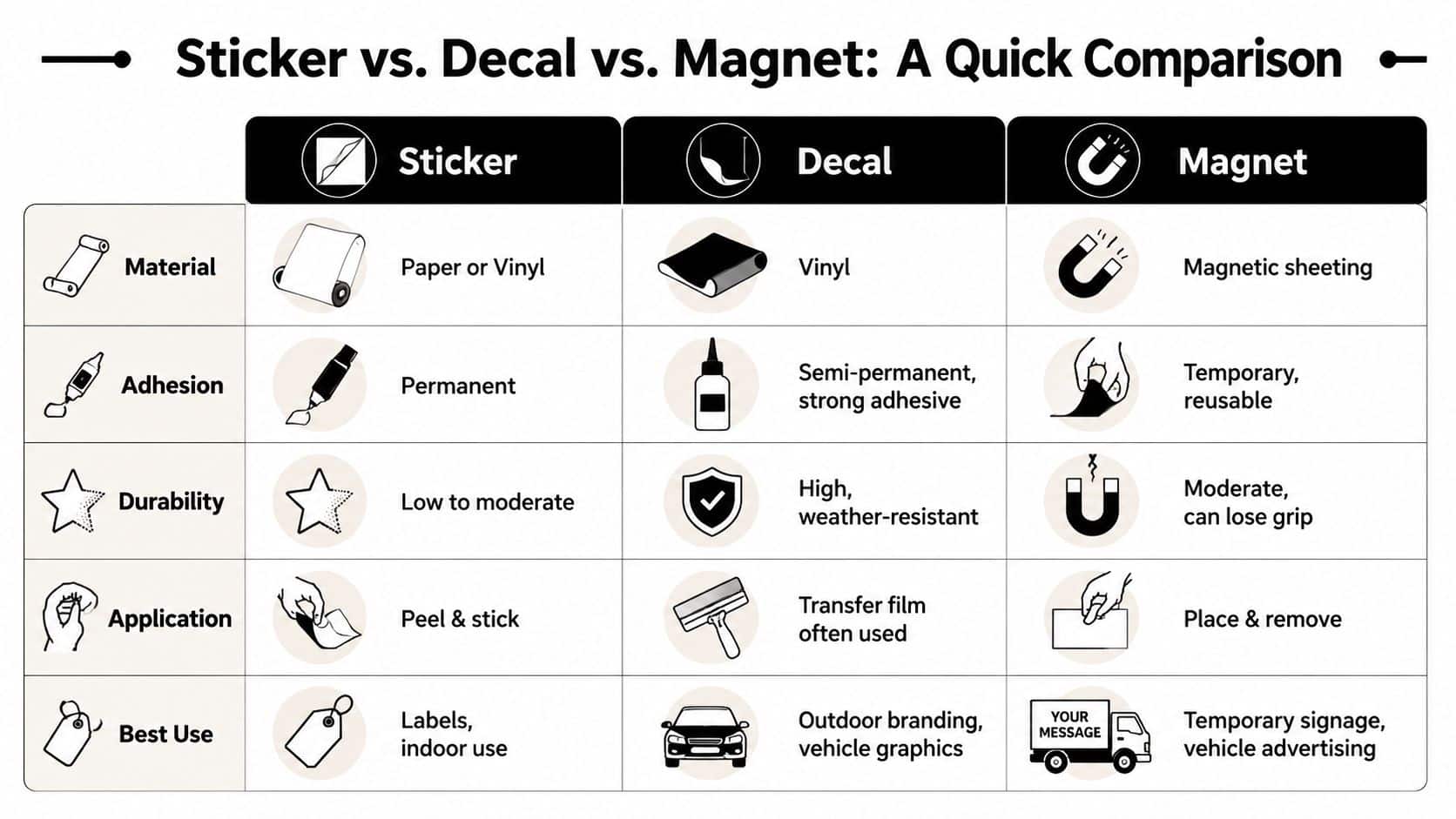 A comparison chart outlining the differences between stickers, decals, and magnets regarding material, adhesion, durability, and usage.
