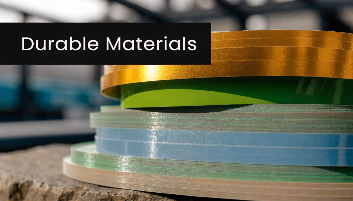 A stack of colorful, durable material rolls for bumper stickers and decals resting on a rough surface.