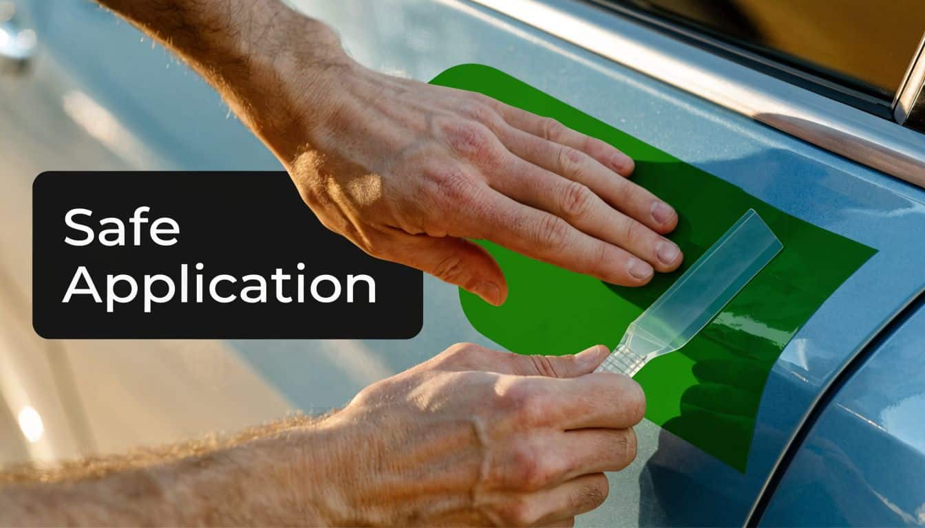 A close-up view of a person carefully applying a green vinyl decal onto a car door panel.
