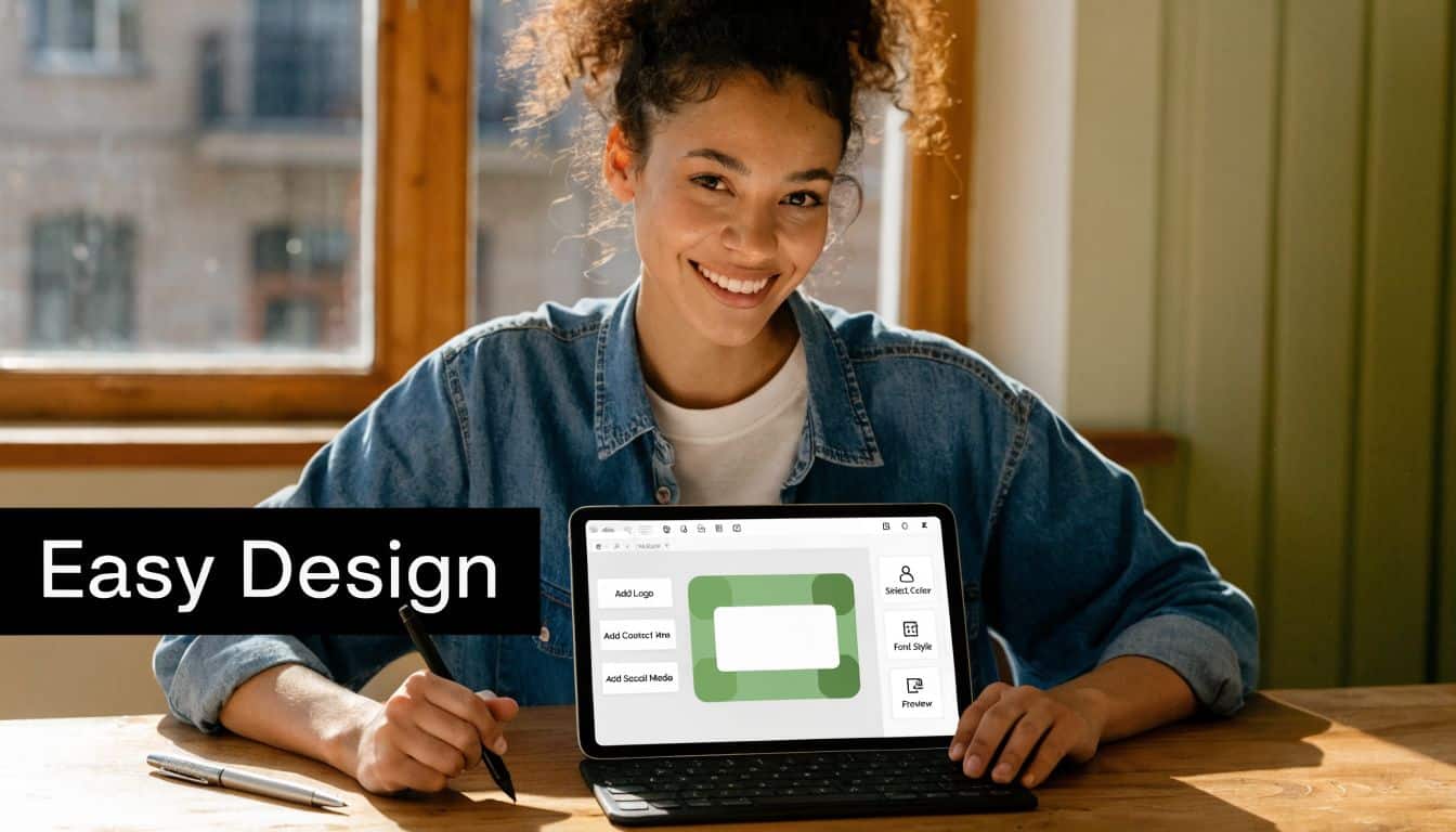 A smiling young woman using a tablet to customize a business card template for professional branding purposes.