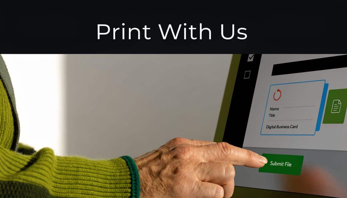 An elderly person wearing a green sweater touches a touchscreen to submit a business card printing file.