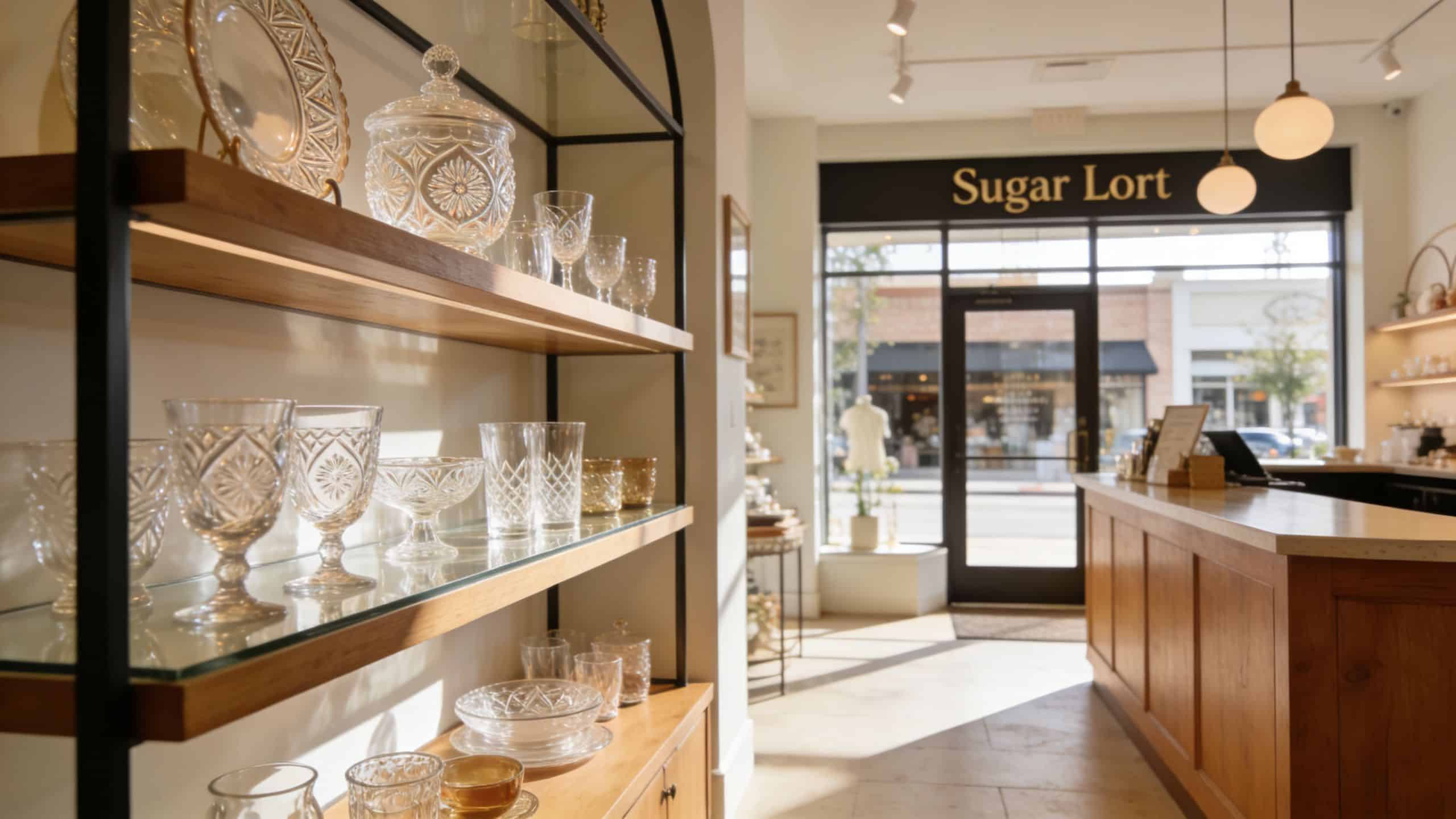 A modern boutique interior with shelves displaying elegant crystal glassware and etched glass decor items.