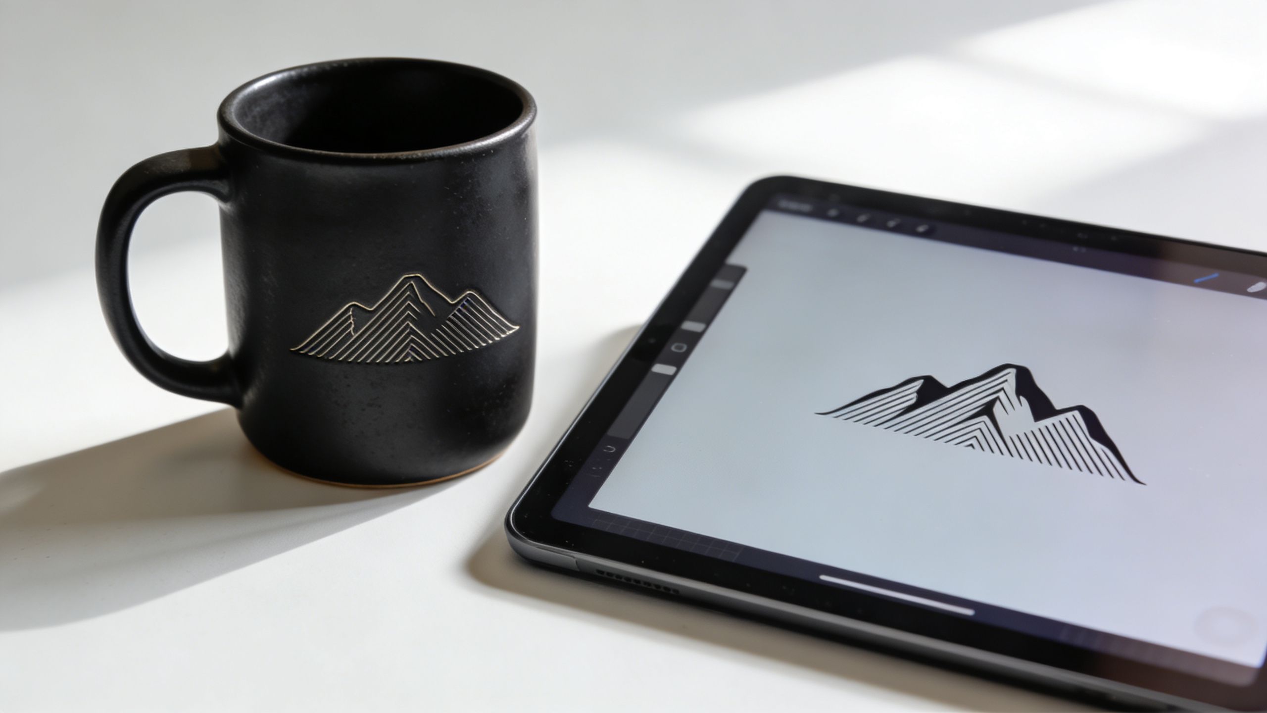 A black coffee mug with an engraved mountain logo sitting next to a tablet displaying a design.