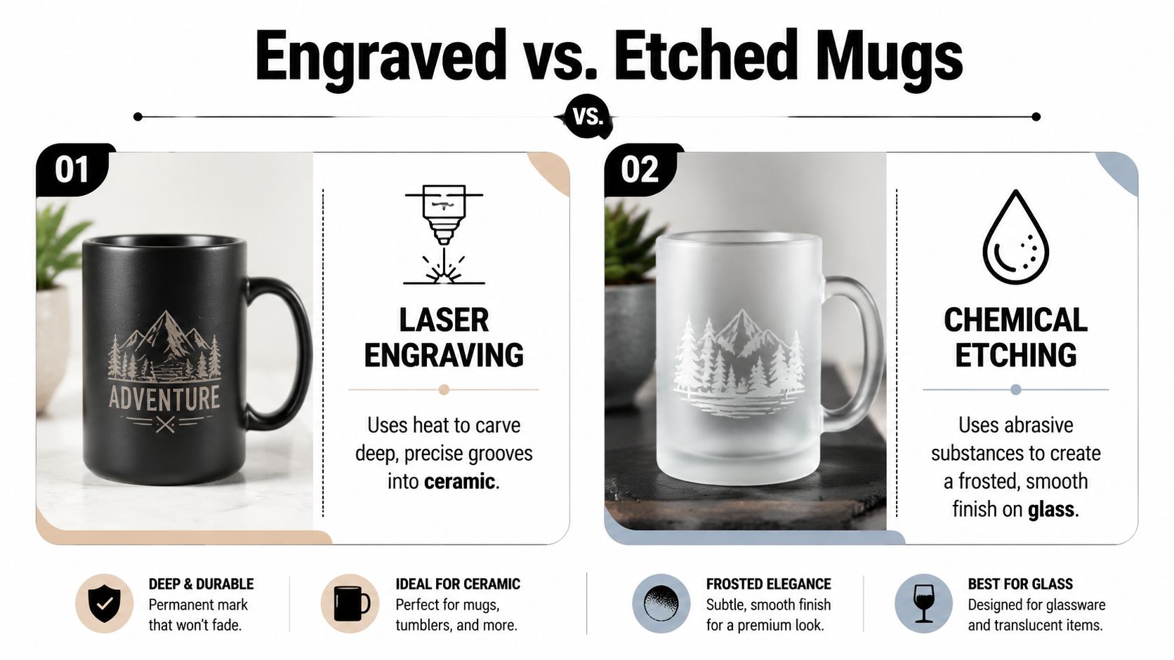 A comparison graphic showing the differences between laser engraving on ceramic mugs and chemical etching on glass mugs.