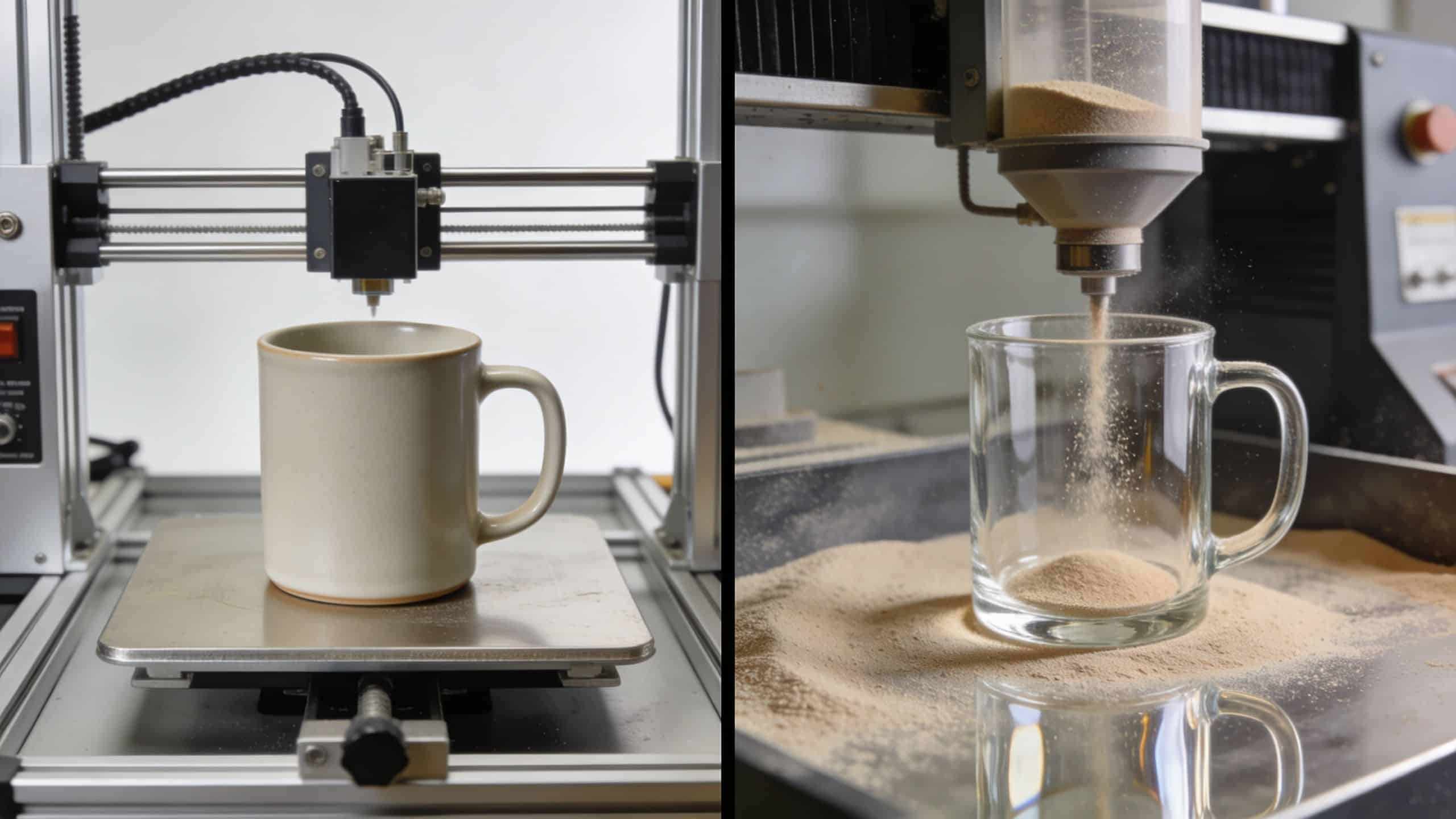 A split image showing a mug being customized by a 3D printer and powder dispenser machine.