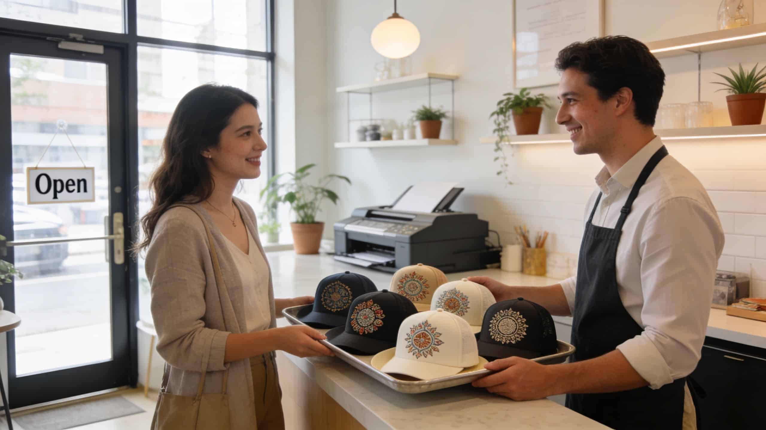 A smiling store employee presenting a tray of custom designed hats to a female customer.