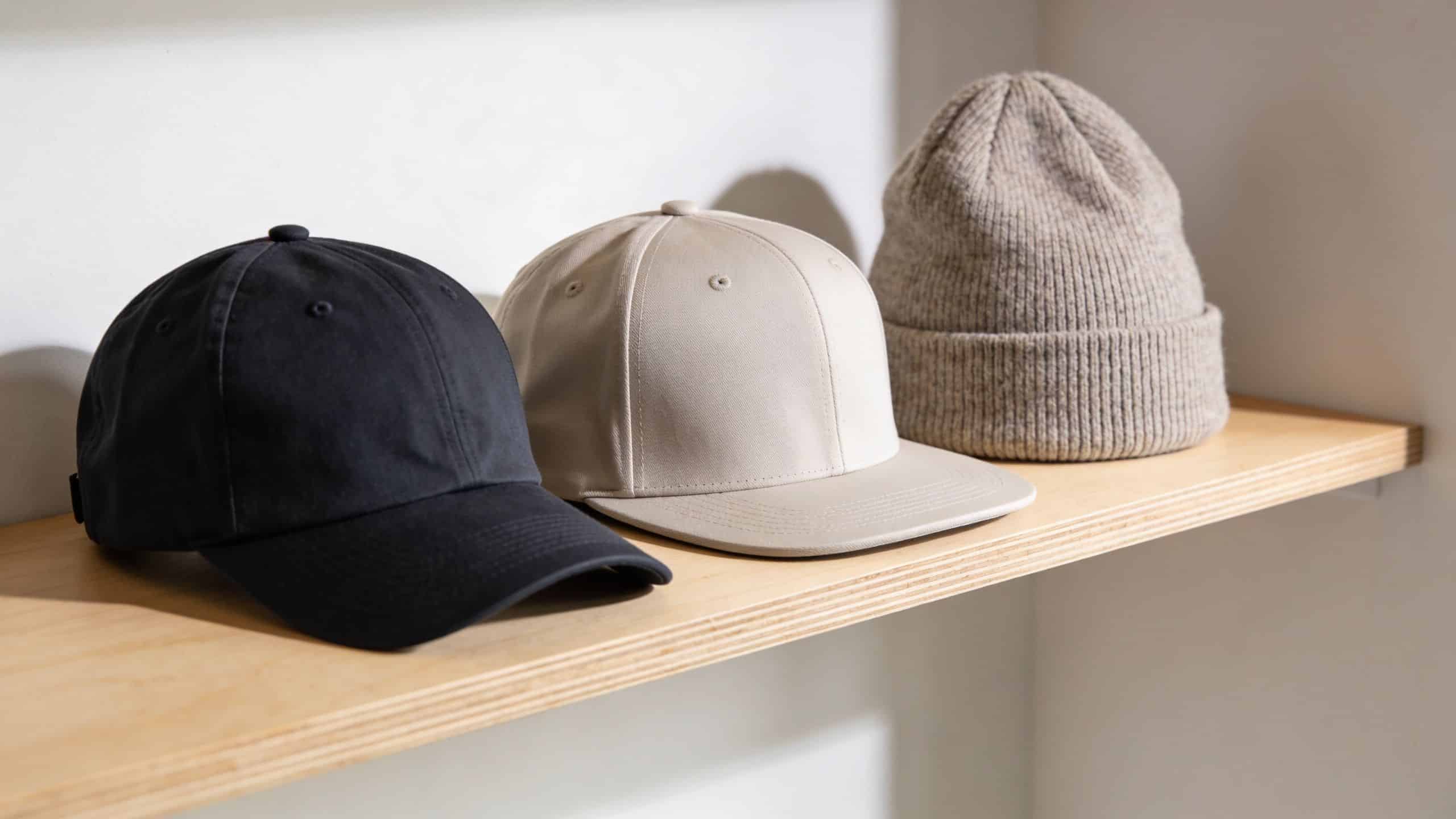 Three different hats, including a black baseball cap, a beige baseball cap, and a knit beanie, on a shelf.