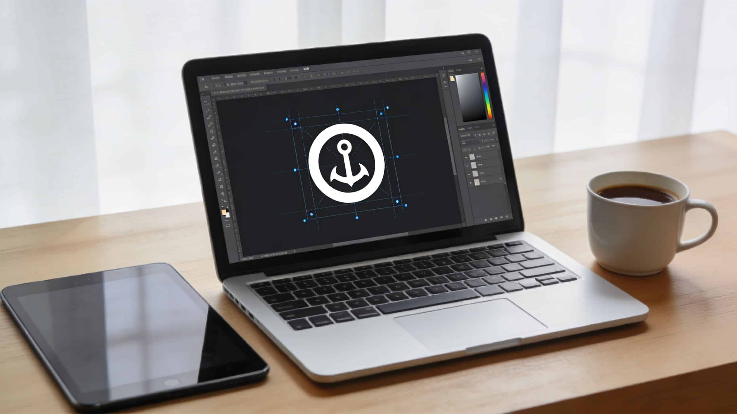 A laptop on a wooden desk displaying an anchor logo design project with a coffee cup nearby.