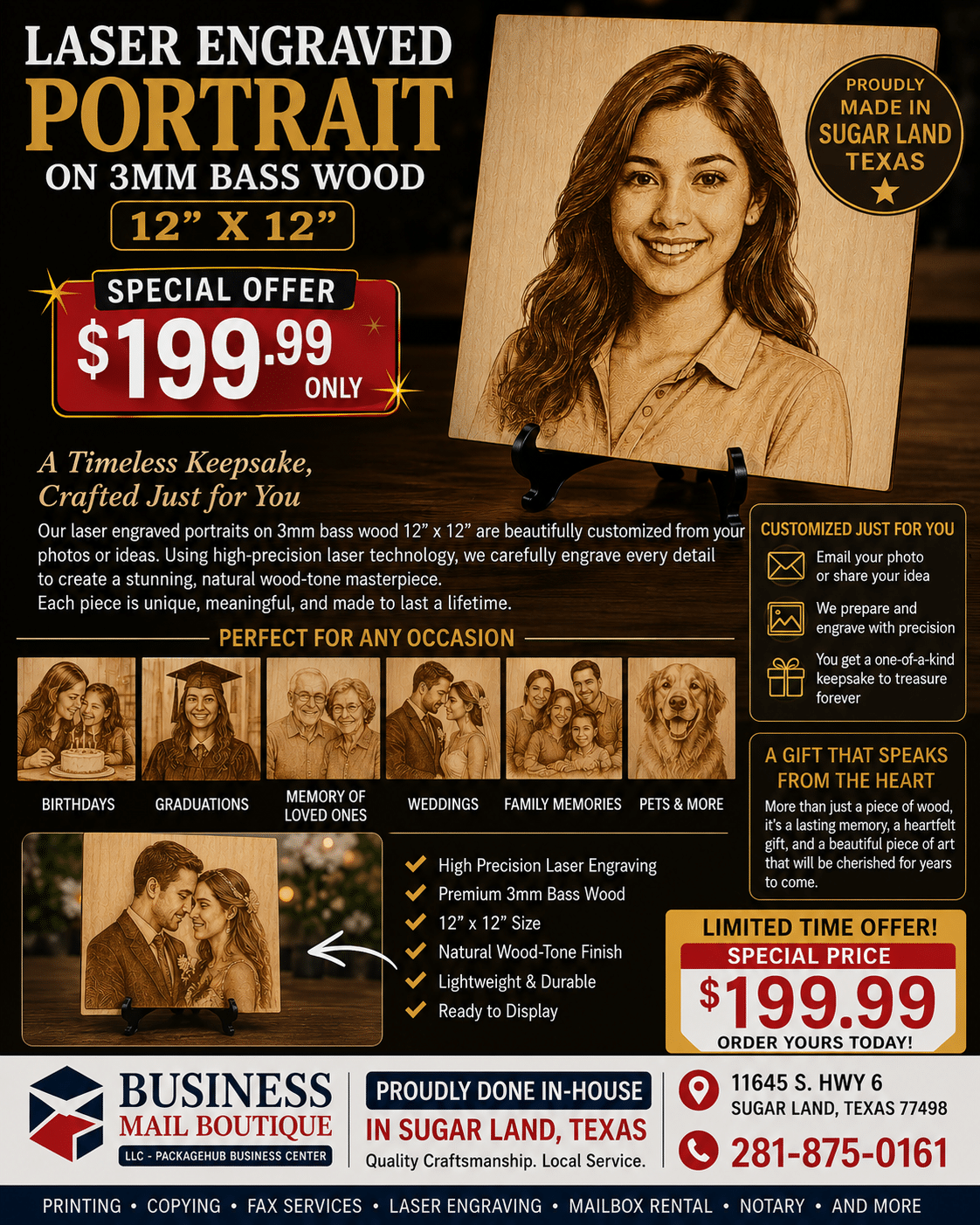 engrave-gift Custom Laser Engraved Portraits on 3mm Bass Wood in Sugar Land, Texas - Image 1