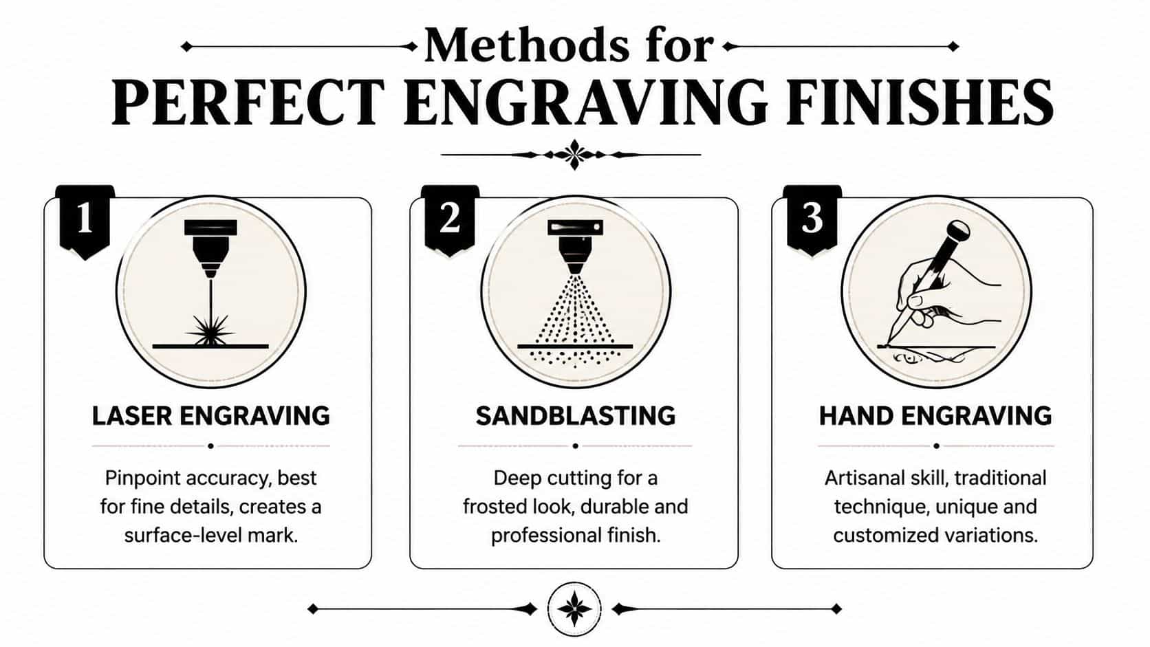 An infographic showing three methods for engraving finishes: laser engraving, sandblasting, and hand engraving.