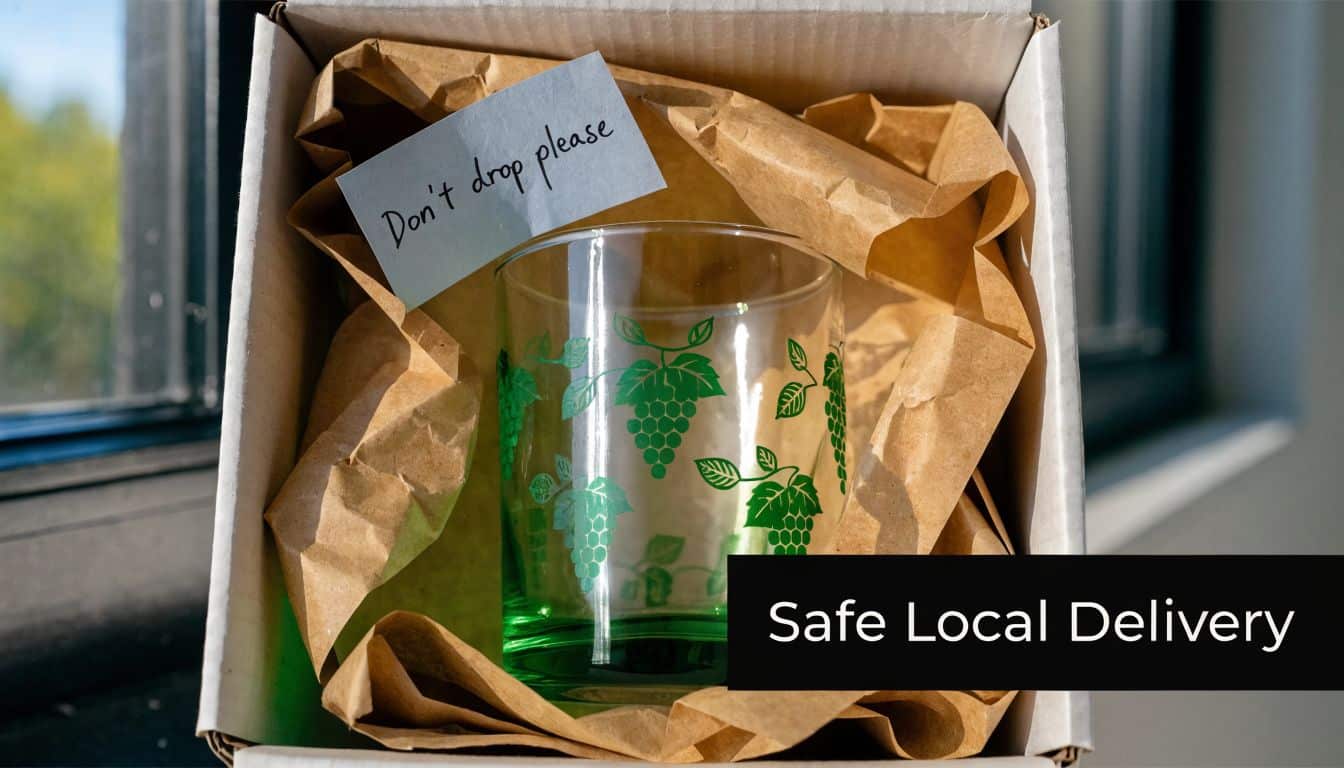 A glass with green grape illustrations nestled in a shipping box with protective paper and a note.