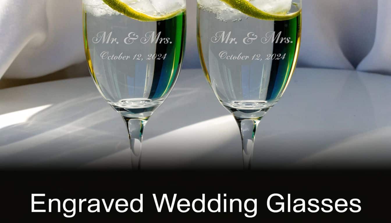 Two elegant wine glasses with engraved Mr. and Mrs. text and a wedding date for a celebration.