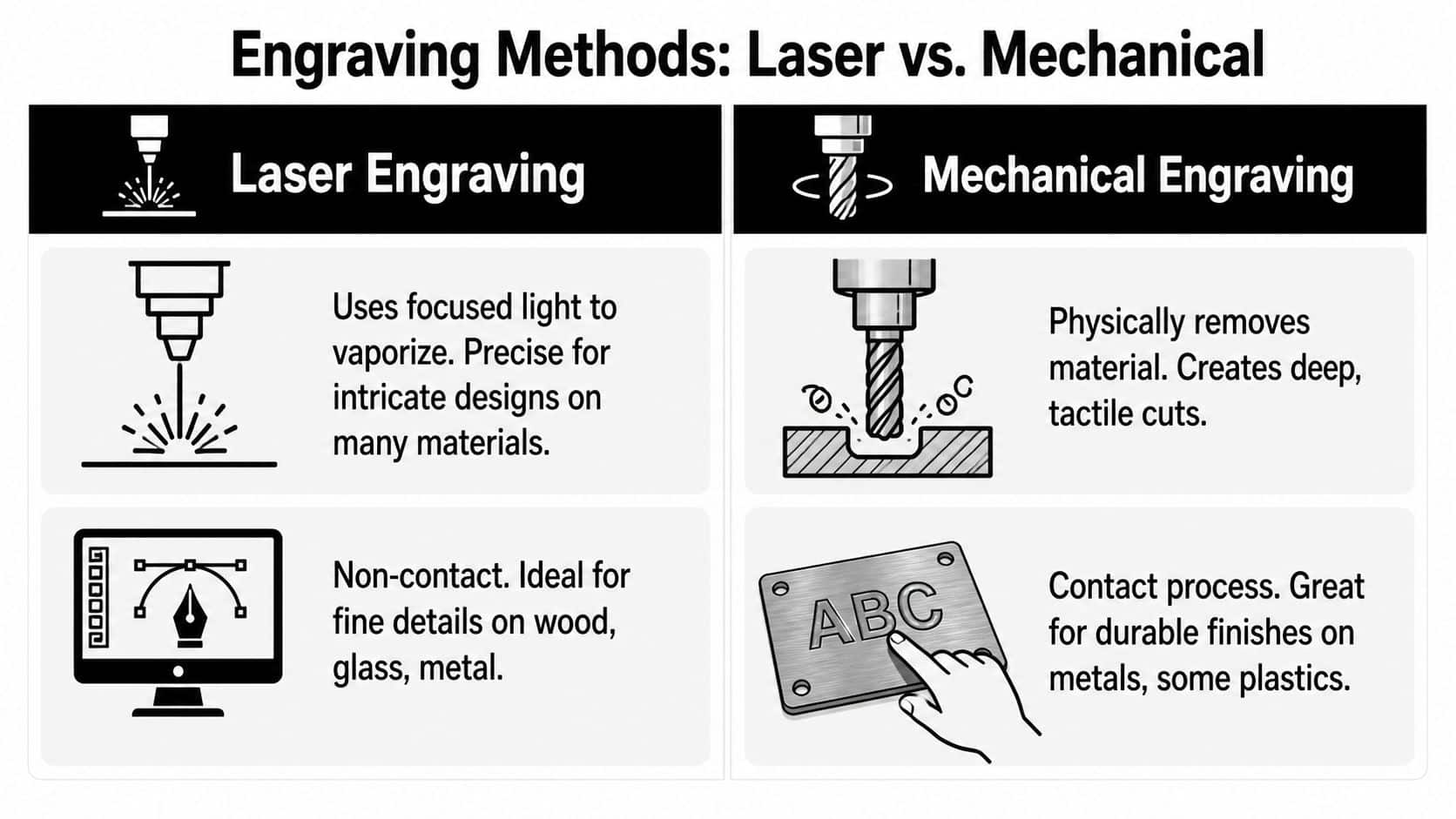 A comparison chart outlining the differences between laser engraving and mechanical engraving methods for various materials.