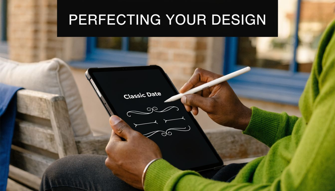 A person uses a digital stylus to design engraving patterns on a tablet screen outdoors.