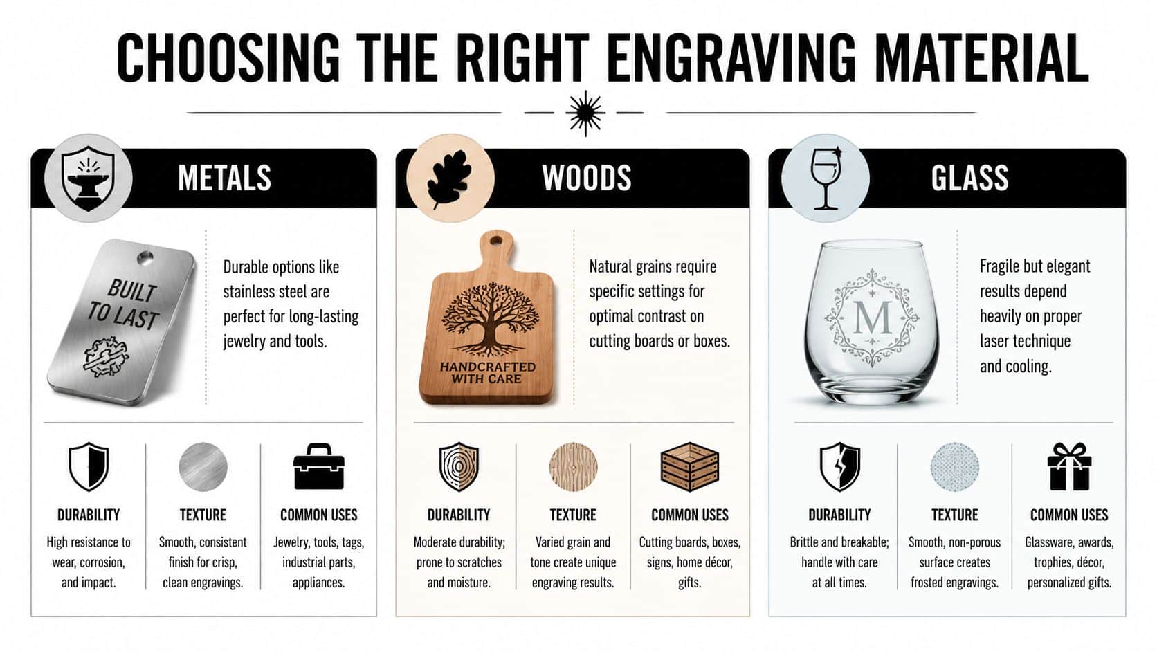 A helpful infographic comparing metal, wood, and glass as engraving materials, highlighting their durability, texture, and common uses.