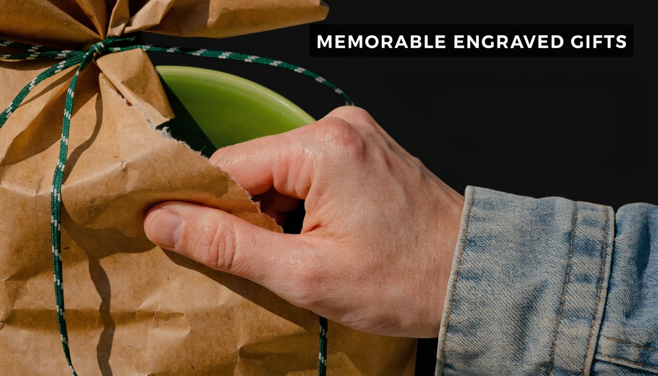 A hand in a denim sleeve opening a brown paper package containing a green gift item.