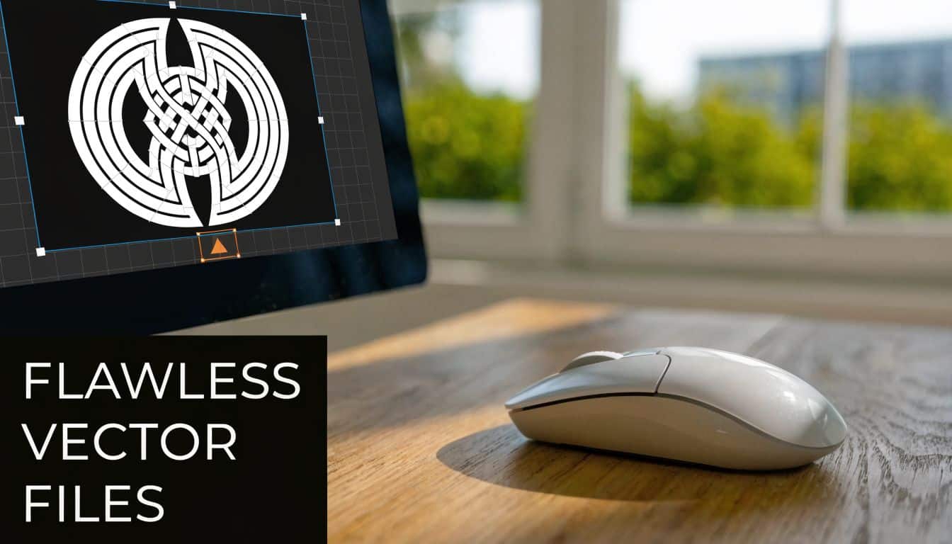 A computer screen displaying a complex geometric vector design next to a white mouse on a wooden desk.