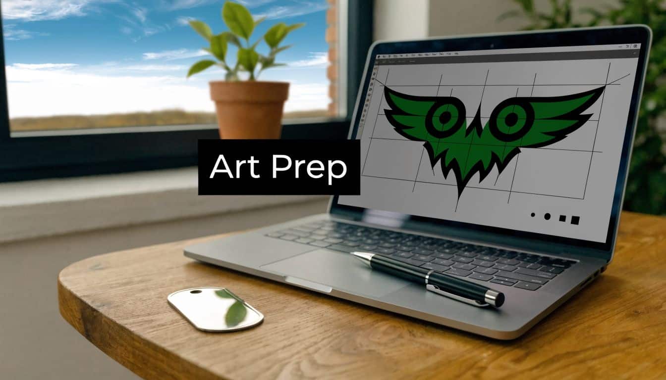 A modern laptop on a wooden desk displaying a green owl logo design for art preparation.