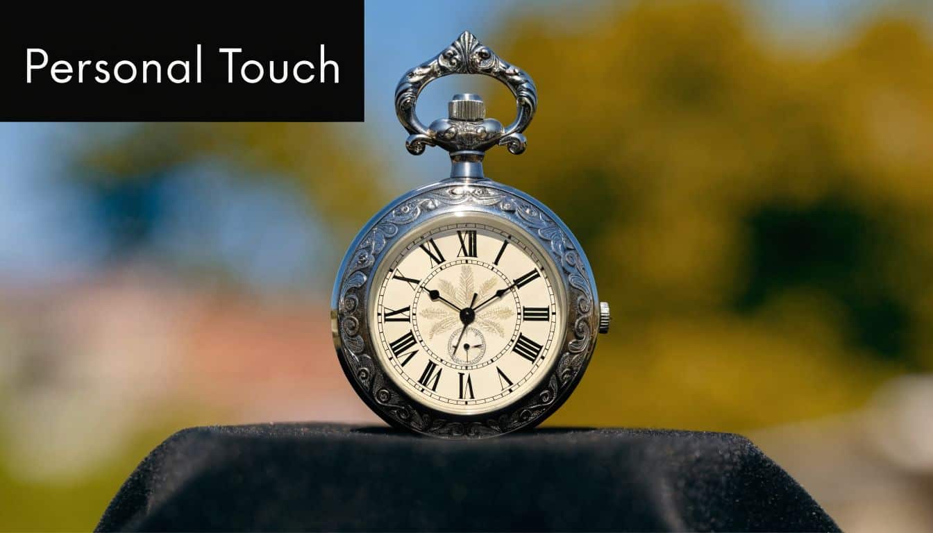 An intricate silver pocket watch with Roman numerals sits on a black velvet display stand outdoors.