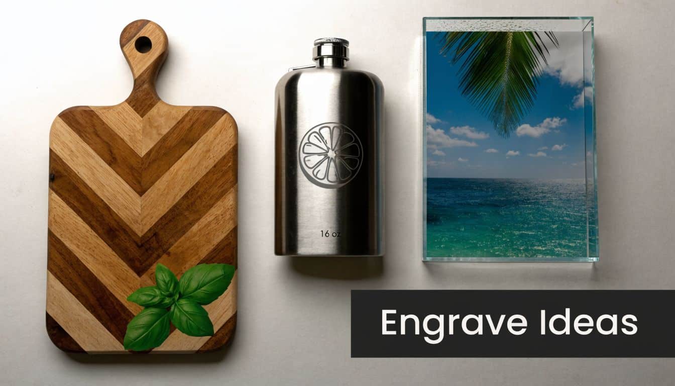 A wooden cutting board, a stainless steel flask with a lemon design, and a tropical beach picture frame.