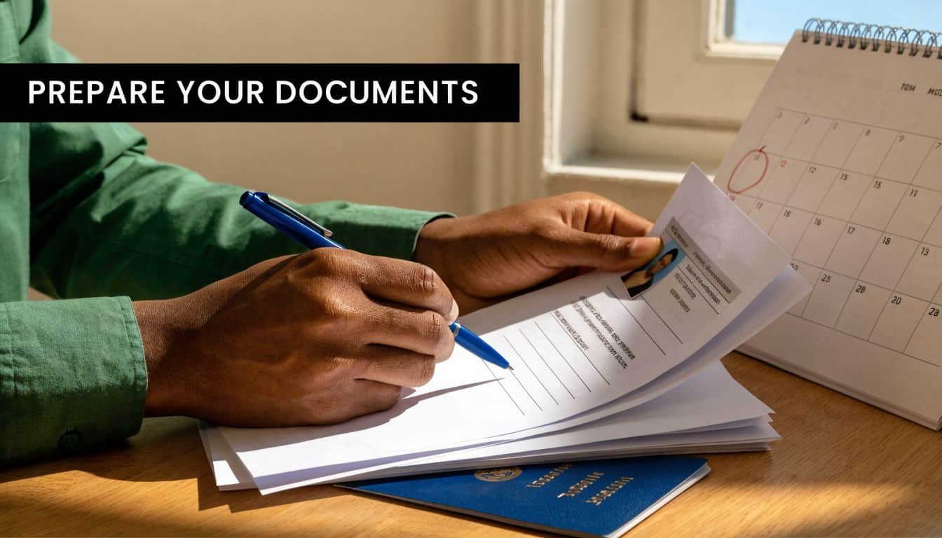 A person writing on a document near a calendar and a passport, emphasizing document preparation.
