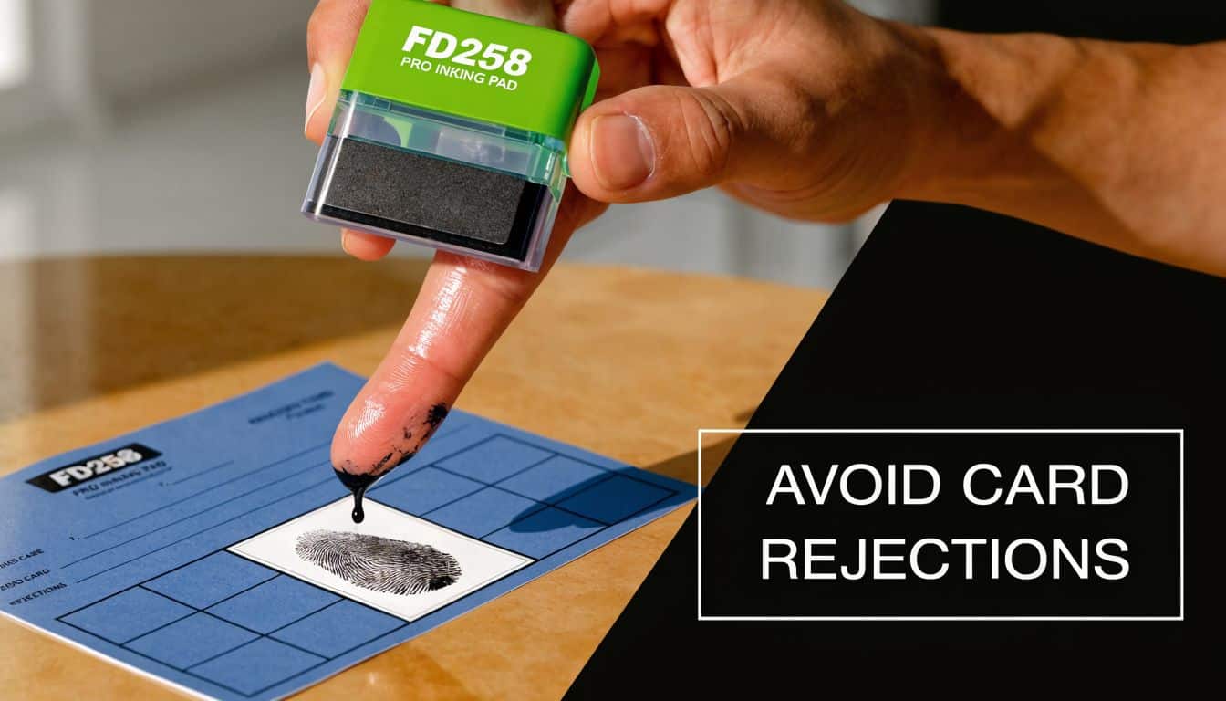 A hand using an FD258 professional inking pad to apply ink onto a fingerprint card.