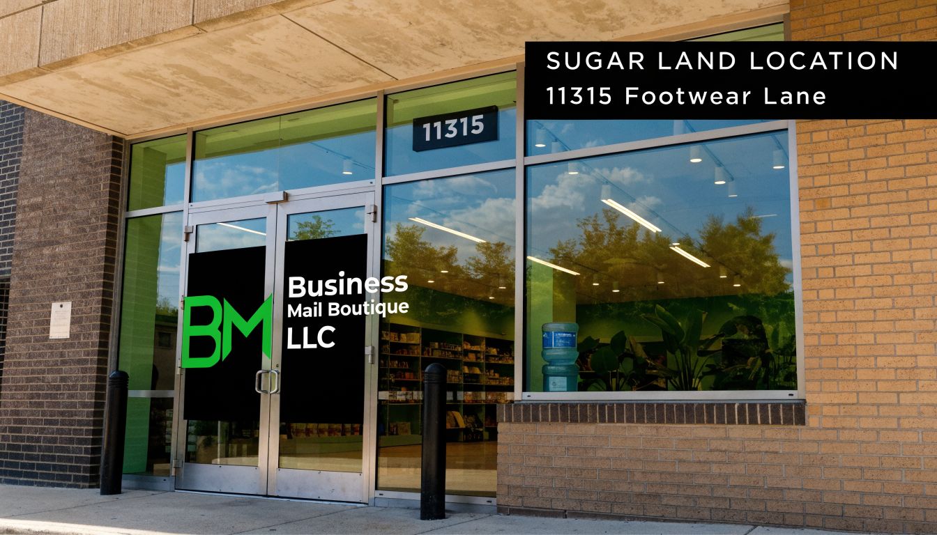Storefront of Business Mail Boutique LLC located at 11315 Footwear Lane in Sugar Land with glass doors.
