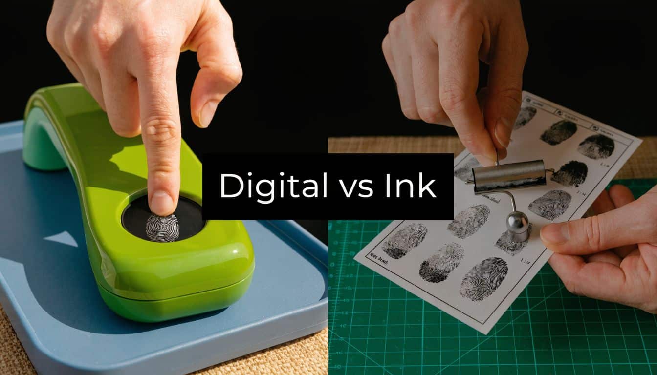 A comparison showing digital fingerprinting technology on the left and traditional ink fingerprinting on the right.