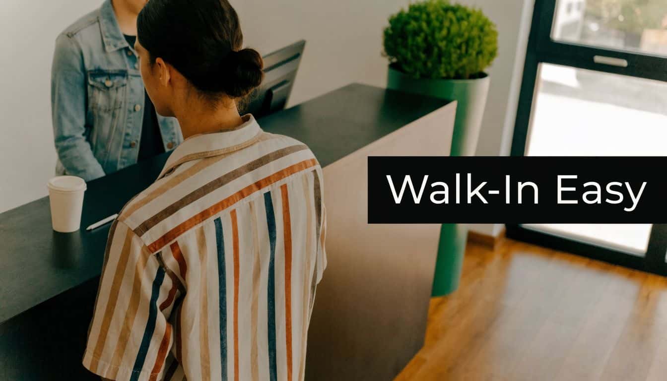 A person standing at a reception desk, ready for a walk-in fingerprinting appointment in Sugar Land.