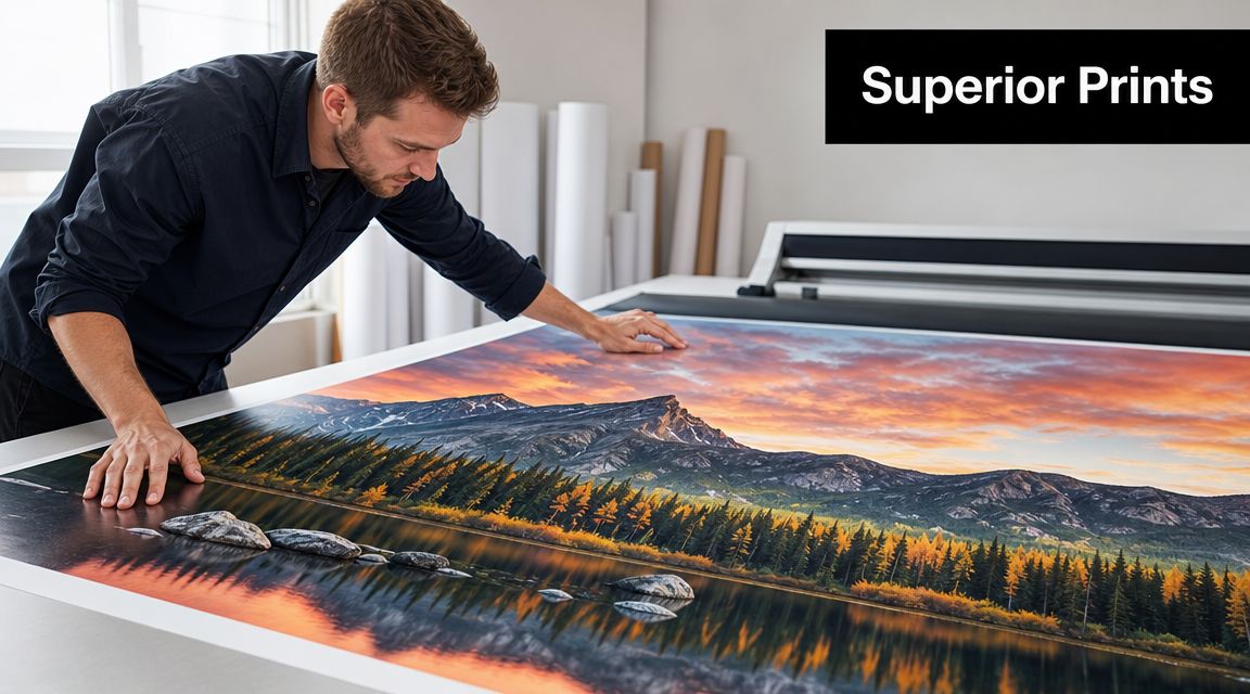 A man carefully inspecting a high-quality landscape print on a large format professional printer in a studio.
