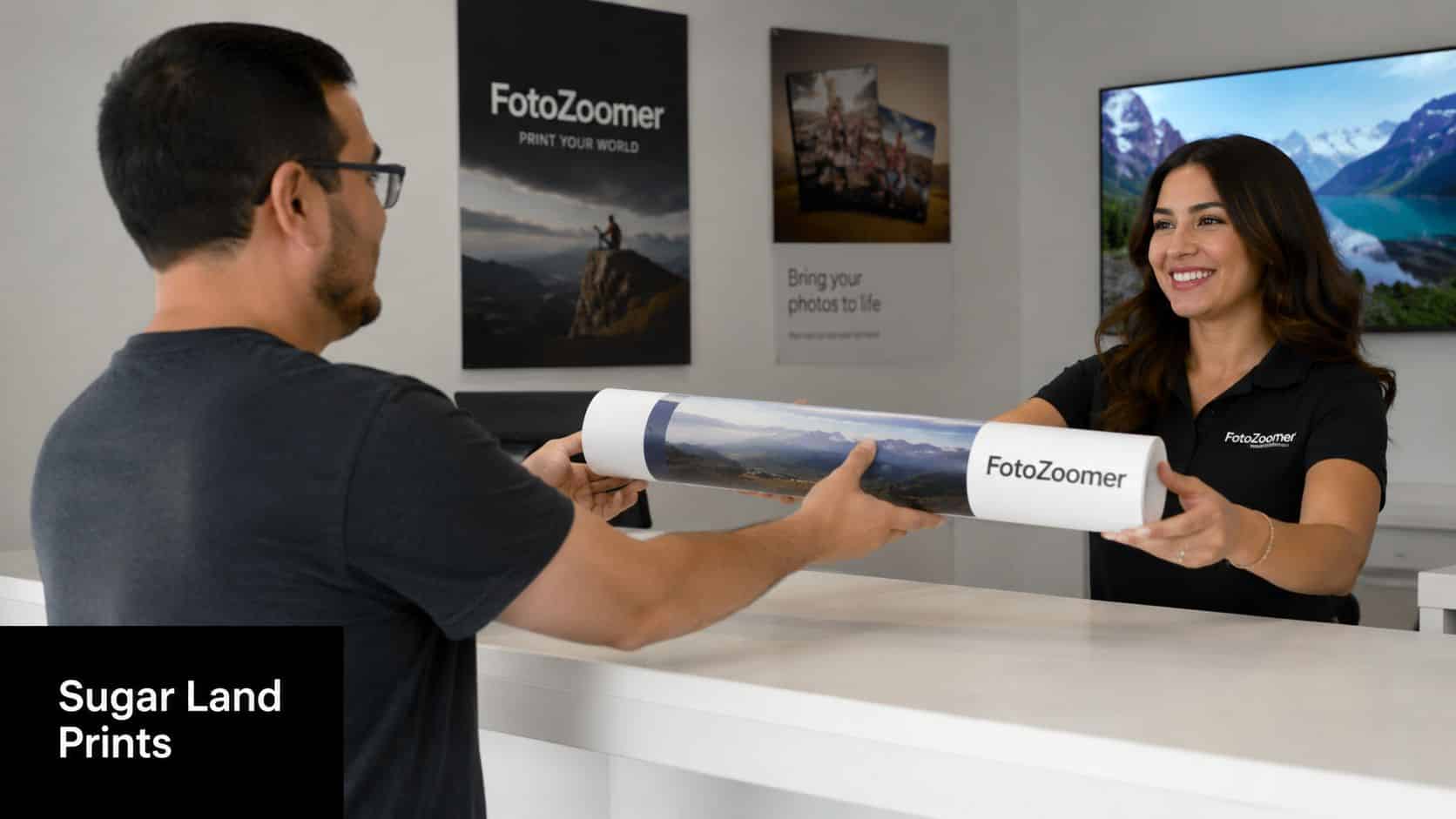 A friendly staff member hands a printed photograph roll to a customer at a FotoZoomer store.