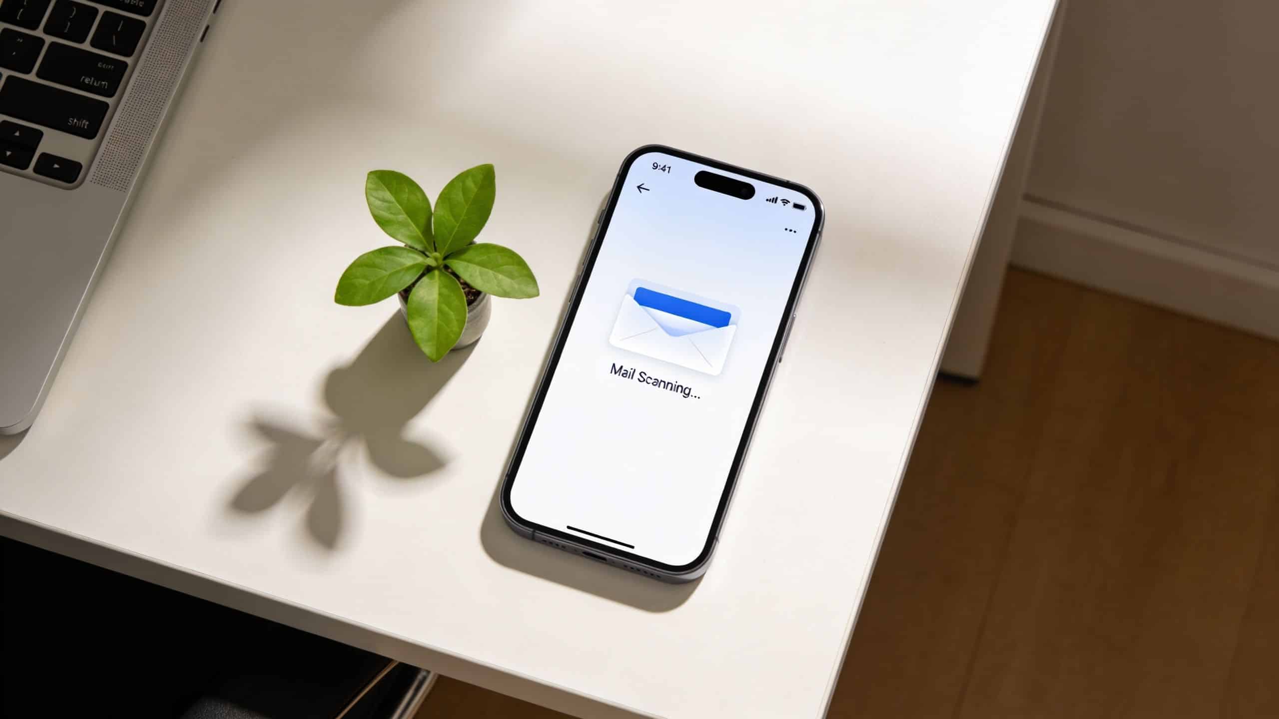 A smartphone on a desk showing a mail scanning process screen for a virtual address service.