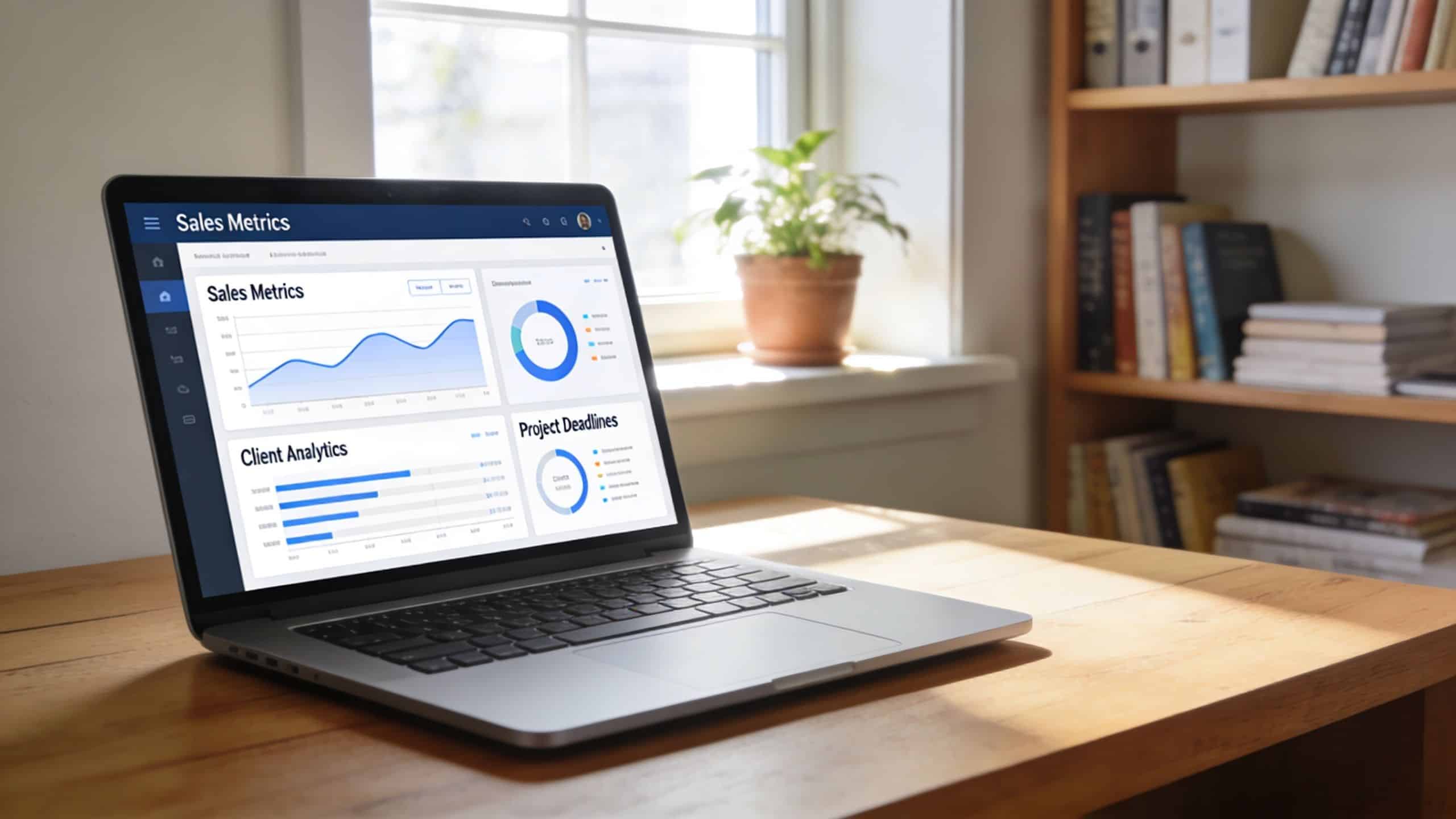 A modern laptop displaying sales metrics dashboard charts on a wooden desk near a sunny window.