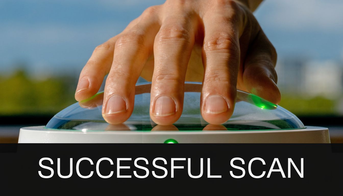 A hand placing fingers on a biometric scanner for a successful fingerprint scan process.
