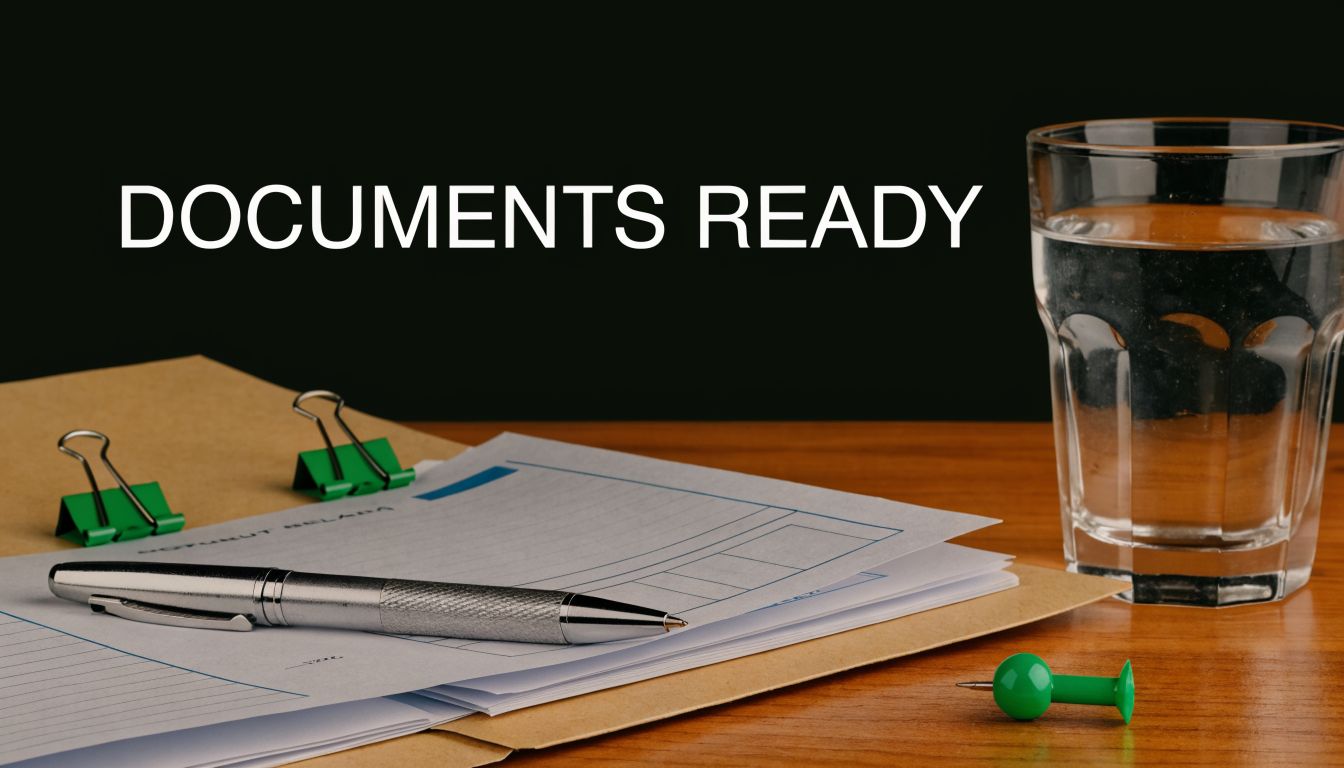 A silver pen rests on top of legal documents with green paper clips on a desk.