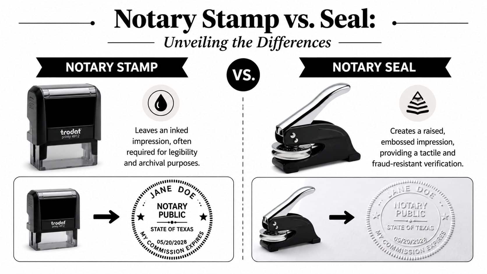 An infographic comparing the visual differences between an ink notary stamp and a raised notary seal.