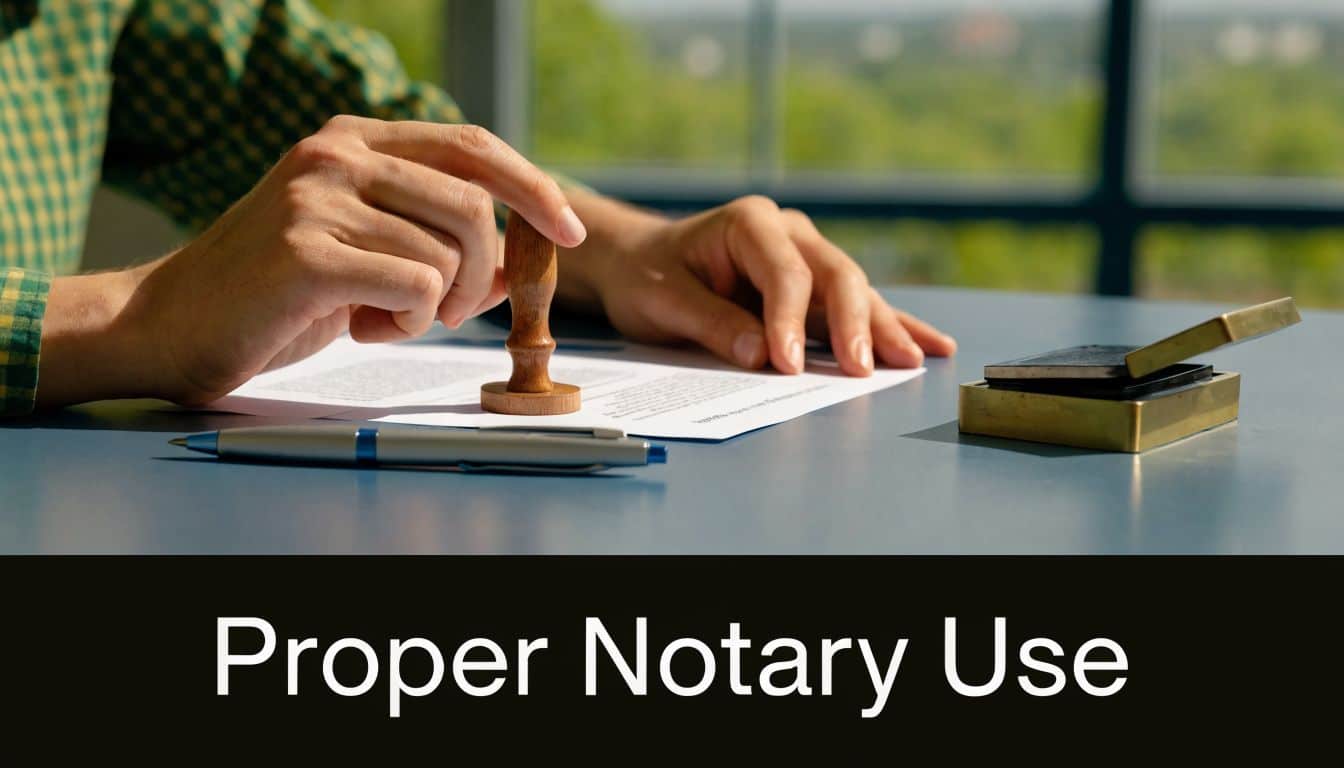A person uses a wooden handheld stamp to notarize a formal document on an office desk.