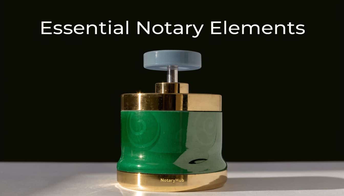 A professional green and gold notary stamp tool sitting on a white surface against a black background.
