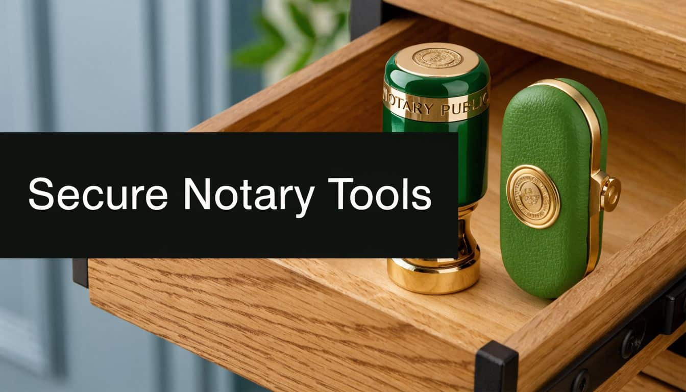 A green and gold professional notary public stamp and its matching protective case inside a wooden drawer.
