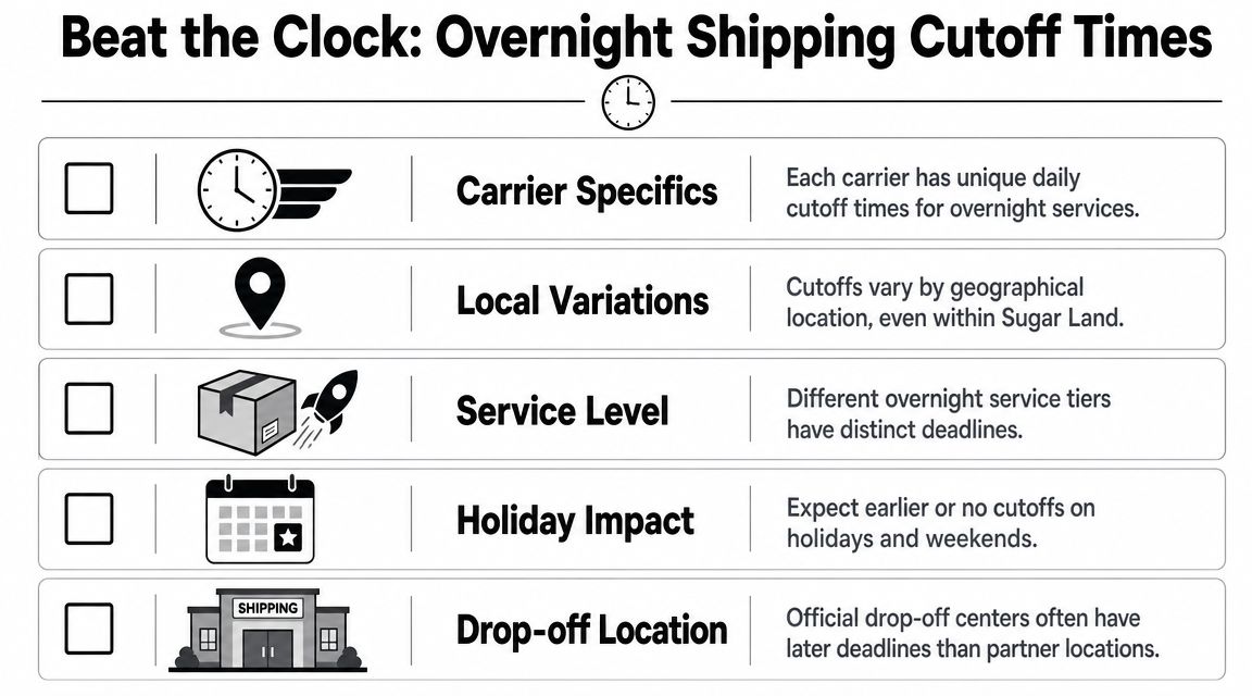 An infographic detailing important factors affecting overnight shipping cutoff times in Sugar Land.