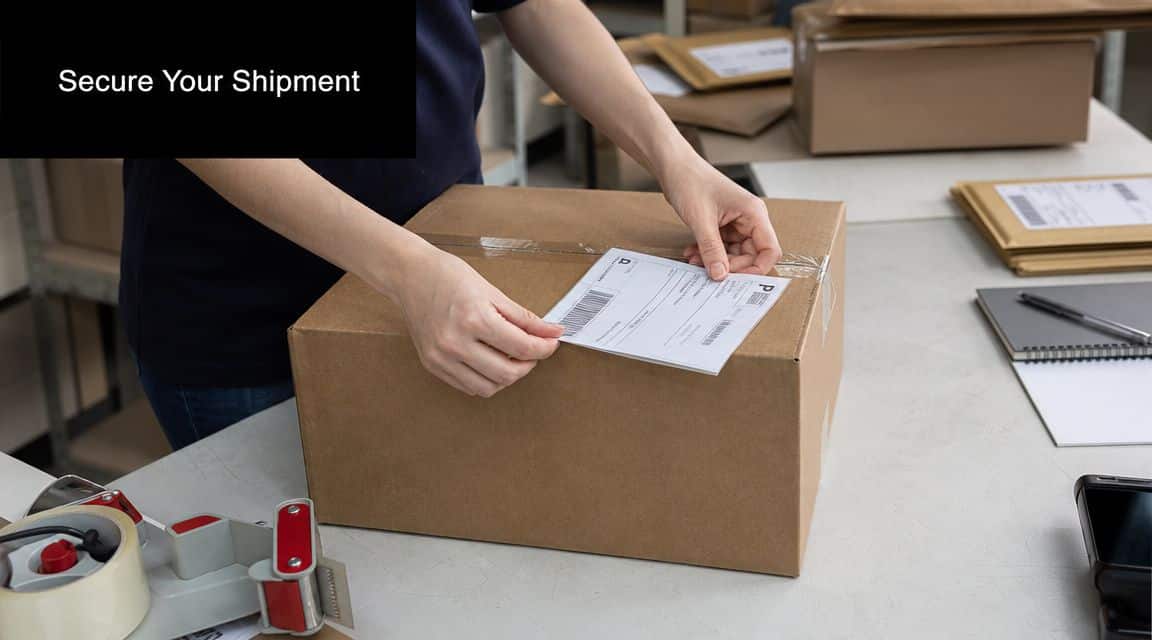 A warehouse worker carefully applying a shipping label onto a brown cardboard package for secure delivery.