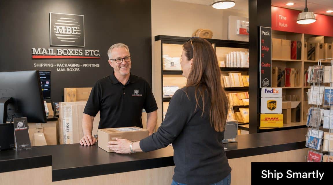 A friendly customer service representative assisting a female customer with a shipping package at a mail center.