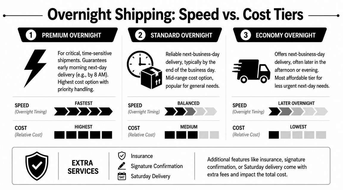 A comparison chart outlining speed and cost differences between premium, standard, and economy overnight shipping services.