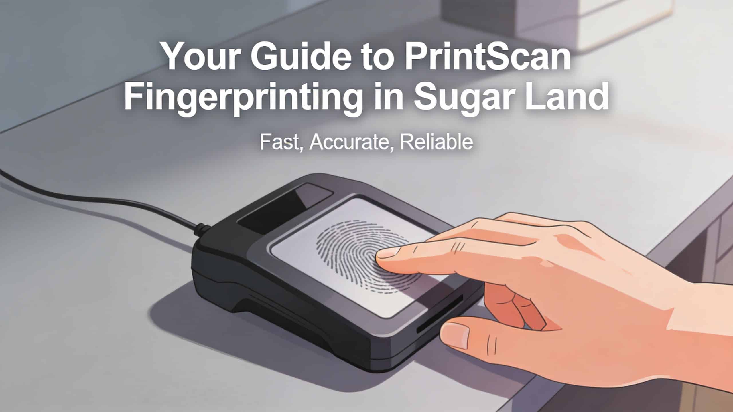 A hand placing a finger on a PrintScan electronic fingerprinting scanner device on a desk.