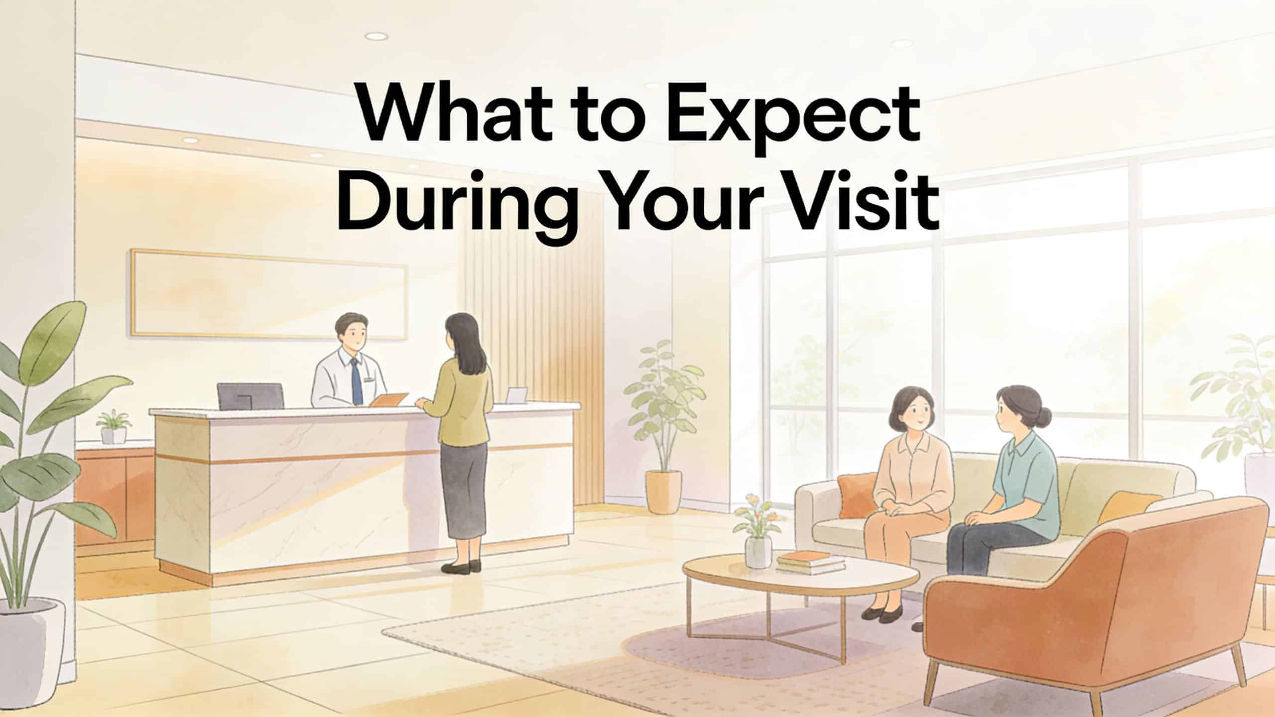 A warm illustration of a professional office reception area with staff and visitors waiting to check in.
