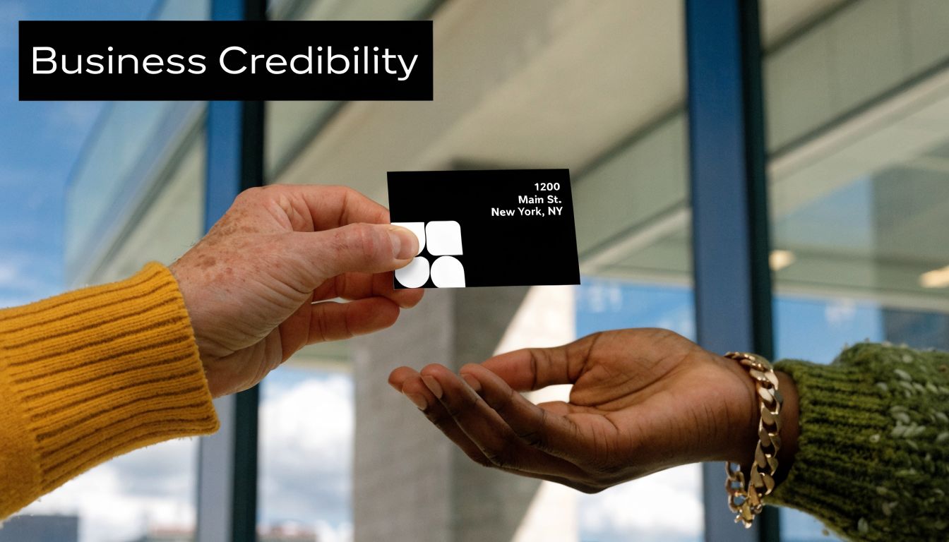 One person handing a professional business card with an address to another person outside an office building.