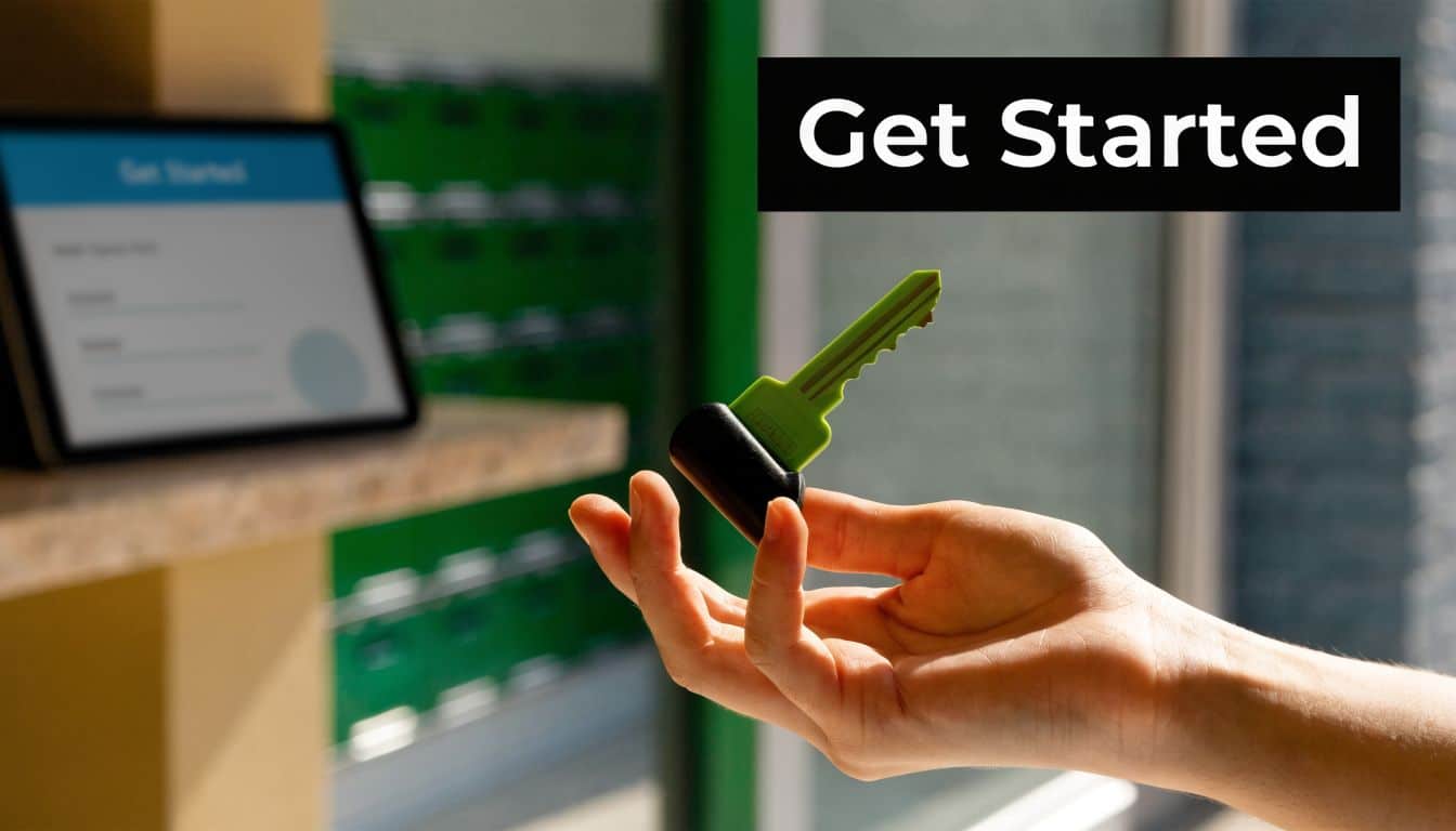 A hand holds a green key in front of a digital registration tablet at a mailbox center.