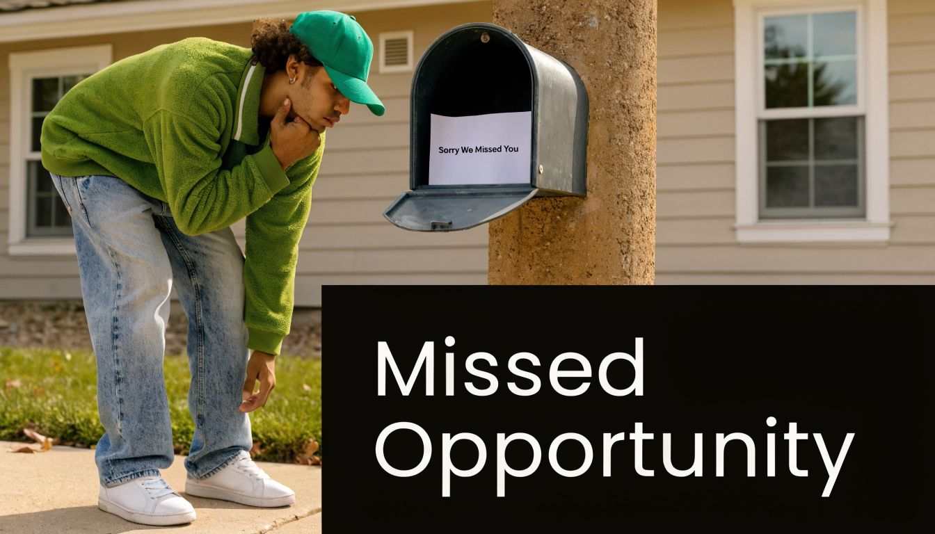 A man in a green jacket looking disappointed at a missed delivery note inside his mailbox.