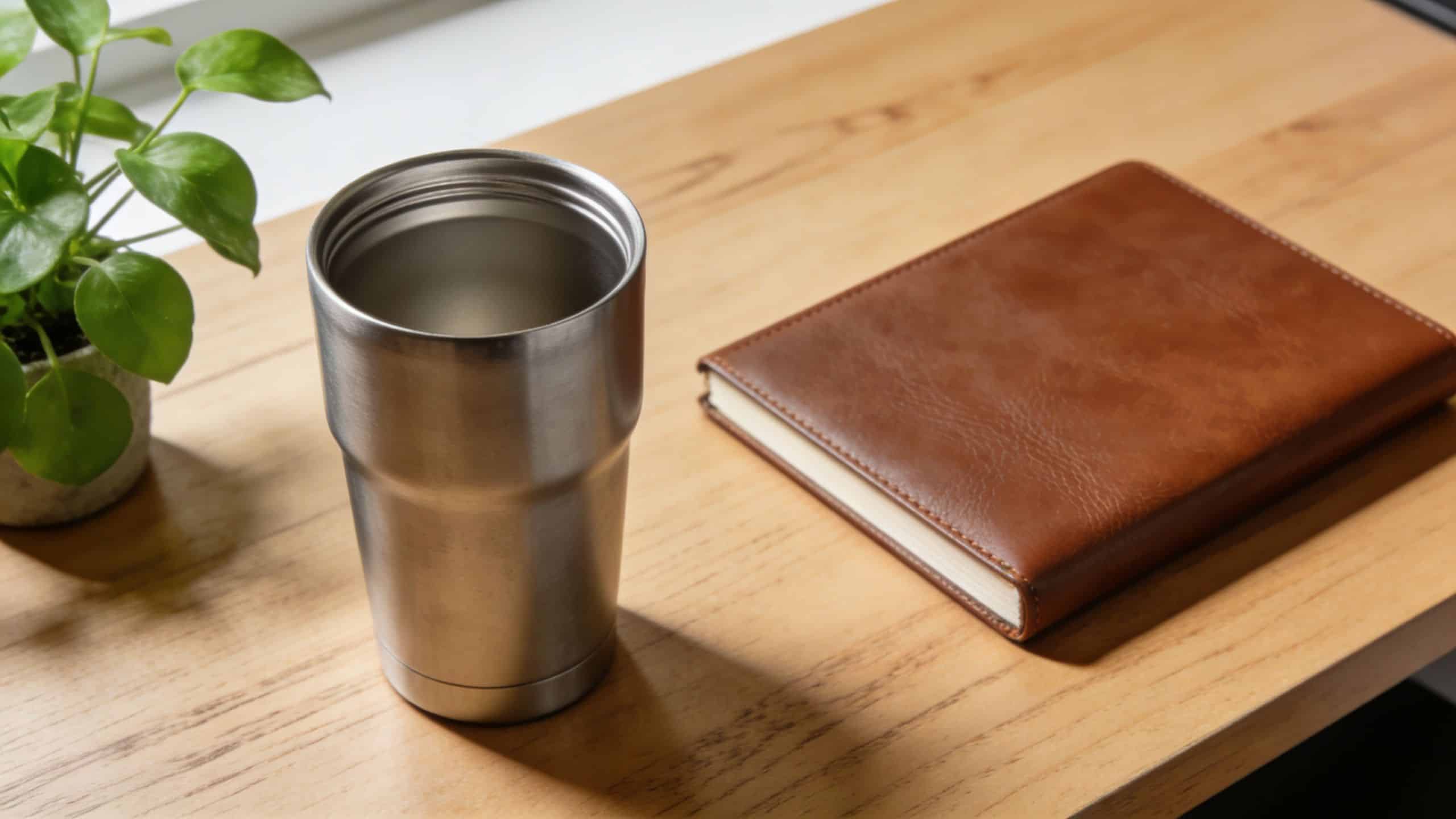 A stainless steel tumbler and a brown leather notebook sit on a light wooden desk nearby.